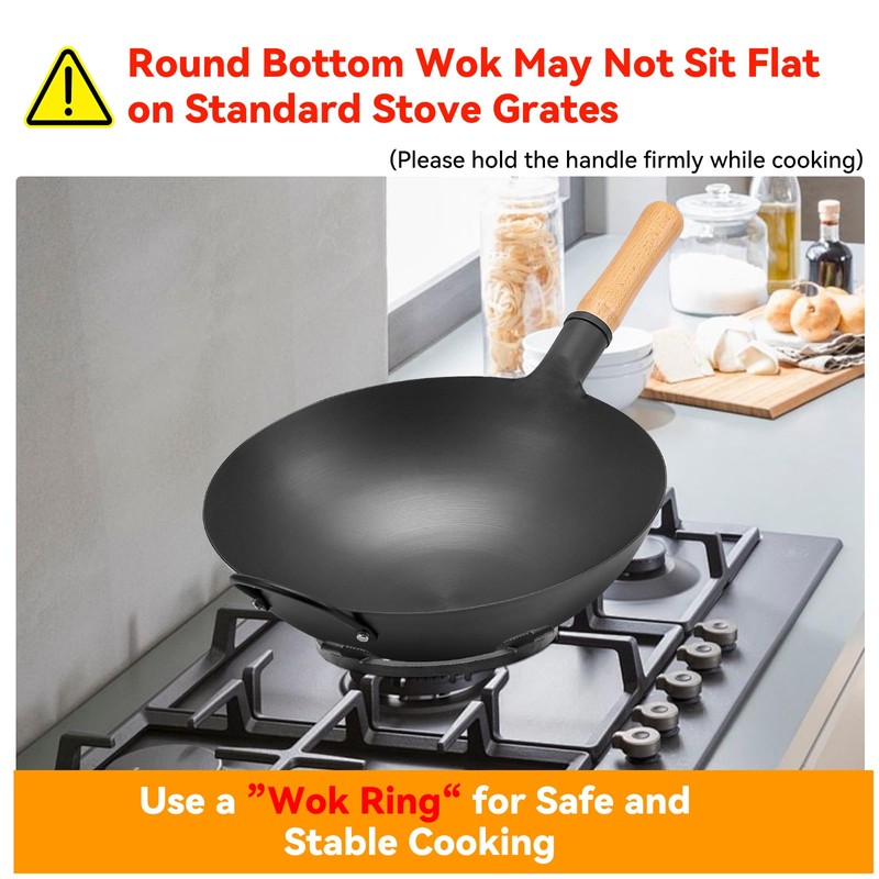 WANGYUANJI 13.4" Round-Bottom Iron Wok, Deep Chinese Stir-Fry Pan (Seasoning