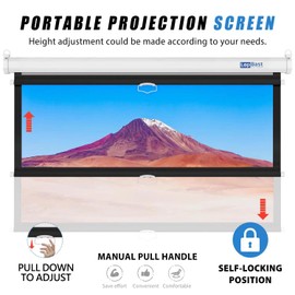 LopBast Screen 100INCH Manual Pull Down White Projector Screen 16:9 1.2 Gain Retractable Auto-Locking 4K 8K 3D Ultra HD for Home Theater Movie Office Game Projection Screen with Slow Retract Mechanism