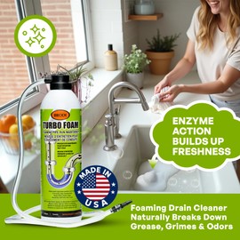TurboFoam Drain Foam Cleaner, Expanding Enzyme Formula, Deep-Cleans Pipes, Dissolves Fat, Oil & Grease, Stops Odors at the Source – Safe for All Plumbing & Septic Systems