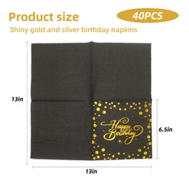 40 Pcs Glitter Gold & Silver Napkins Happy Birthday Napkins, Party Napkins, Fabulous Cocktail Custom Disposable Napkins for Birthday Party Anniversary Decoration