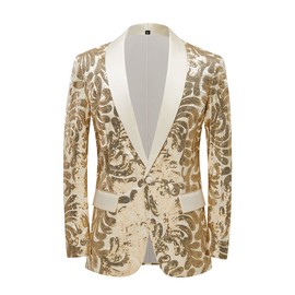 PYJTRL Men Stylish Satin Face Sequins Floral Pattern Suit Jacket Blazer (Champagne Gold, XS)