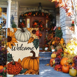 Fall Pumpkin Welcome Garden Flag for Outside 12x18 Inch Double Sided Burlap Autumn Thanksgiving Leaves Sunflower Flowers Farmhouse Holiday Rustic Outdoor Yard Flag Home Decorations