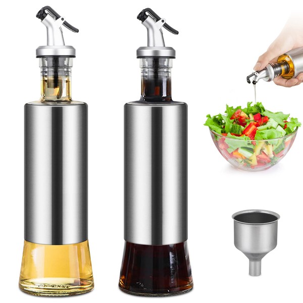 Oil Bottle Set Oil Vinegar Stainless Steel Oil Bottles, with Pourer Spout and Funnel, Used for Grilling, Baking and Salads. 300ml*2, Unprinted Words