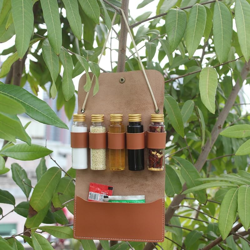 BY-J Camping Spice Kit with 5 Jars, Foldable Leather Spice