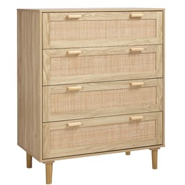 Finnhomy 4 Drawer Dresser for Bedroom 35.43” Wide Wooden Bedroom Dressers with Drawers, Rattan Dresser Modern Cane Dressers Chest of Drawers Wood Oak 4 Drawer Dresser for Bedroom, Hallway, Living Room