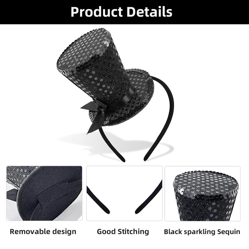 Cerchietto con mini cappello a cilindro, con paillettes, accessorio per
