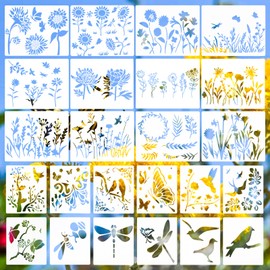 Donql 24pcs Stencils for Crafts Reusable, Stencils for Painting, Flower Stencils, Butterfly Stencils, Stencil Template for Painting Flower Butterfly Bird, DIY Stencil for Painting on Wall Wood Decor