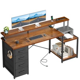 ODK 55 Inch Computer Desk with Power Outlets & 4 Drawers, Home Office Desk with Monitor Stand & Storage Shelves, Vintage