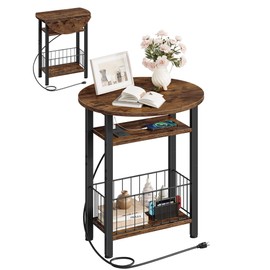 CHOEZON Narrow Side Table with Power Outlet and Storage Basket, 3-Tier Slim End Table with Folding Top, Multi-Functional Accent Furniture for Living Room, Bedroom, Rustic Brown TBZ10UBF