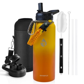 RAYMYLO Insulated Water Bottle 40 oz, Triple Wall Vacuum Stainless Steel (Cold for 48 Hrs), Leak Proof & Non-BPA, Modern Water Flask Jug with Paracord Handle & Straw Spout Lids, Ombre Orange