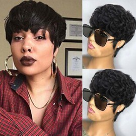 Yviann Pixie Cut Wig Human Hair Short Hair Wigs Pixie Curly Hair Wigs for Women 100% Short Human Hair Wig with Bangs Glueless None Lace Wig Daily Wear Black Color 1B#