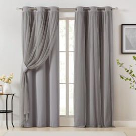 Bujasso Grey Full Blackout Curtains with Sheer Overlay Mix and Match Double Layer Window Curtains Thermal Insulated 84 inch for Living Room Bedroom Gray Drapes with Tiebacks Grommet Top 37" Wx84 Lx2