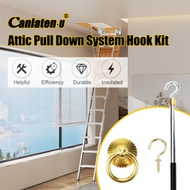 Canlaten·U Attic Ladder Pull System Kit - Attic Pull Down System Hook Parts Replacement for Cord Ropes with 60 Inch Extension Pole and Copper Storage Hook Handle Parts Tool