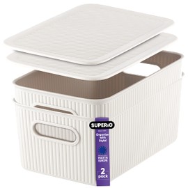 Superio Ribbed Collection - Decorative Plastic Basket Lidded Home Storage Bins Organizer, Medium White Smoke (2 Pack - 5 Liter) Stackable Container Box, for Organizing Closet Storage Bins for Shelves
