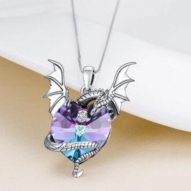 PROESS Dragon Necklace 925 Sterling Silver Dragon Crystal Pendant Dragon Necklace Heart Animal Dragon Jewellery Gifts for Women, Sterling Silver, No Gemstone