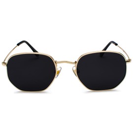 JCTAIFOO Fashion Polygon Sunglasses for Men and Women Lightweight Hexagonal Metal Frame UV400 Protection Glasses, Gold/Dark Grey