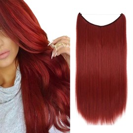 iLUU Synthetic Hair Extensions 22" 80G Invisible String Long Straight Hair Extension Secret Line Hairpieces Hairpieces Wig Hair Pieces for Women Girls Lady Daily Use (#130M, Red)