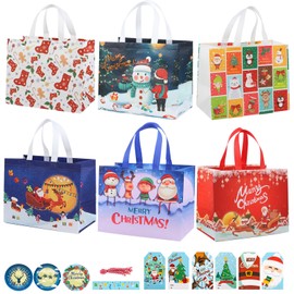 6Pcs Large Christmas Bags, Reusable Tote Bags with Handles Christmas Treat Shopping Bags, Xmas Party Favor Bags Decorations for Presents with Tags