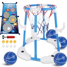 yofit 3-in-1 Pool Basketball Hoop Set, Floating Pool Toys with Rings Balls Toss Games Pump, Outdoor Summer Basketball Game at Swimming Poolside for Kids Ages 4-12 Adults Family Fun