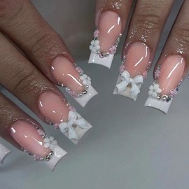 White French Tips Press on Nails Medium Square Fake Nails with Bow Charm Design 3D Flower Rhinestone Stick on Nails Nude Pink Glue on Nail Glossy Summer False Nail for Women Girls Manicure 24Pcs
