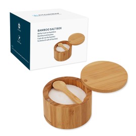 KITCHENDAO Bamboo Salt Cellar Bowl Box Container with Built-in Spoon, Elegant Kitchen Salt Dish Holder Saver Jar with Swivel Magnetic Lid to Storage Pepper Spice, 6OZ
