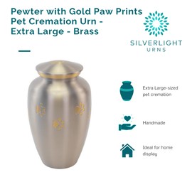 Pewter with Gold Paw Prints Extra Large Pet Cremation Urn for Ashes, Brass, Silver Urn, Dog Urn, Cat Urn, Extra Large Sized Pet Urn, 10.25 Inches High