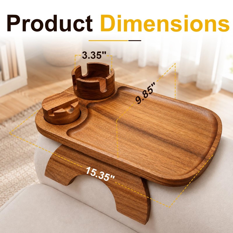 Couch Armrest Table,3-in-1 Clip On Acacia Wood Sofa Armrest Tray