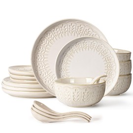 Artena Plates And Bowls Sets, 16 Pieces Dinnerware Sets, Dish Set For 4, Ceramic Kitchen Bowl And Plate Set, Embossed White Dishware Sets, Dishwasher & Microwave Safe (Wheat Leaf)