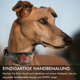 FAVPET Hand-Painted Genuine Leather Greyhound Collar Wide with QR Code Pendant, Soft Leather Collar Dog Whippet Italian Wind Chime Saluki Lurcher Spanish Galgo Podenco (Red Poppies, XS)