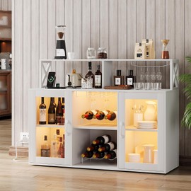 CuisinSmart Wine Bar Cabinet with LED Light, Industry Coffee Bar Cabinet with Wine Rack, Glass Holder, and Power Outlets, Kitchen Sideboard Buffet Cabinet for Living Room Dining Room, White