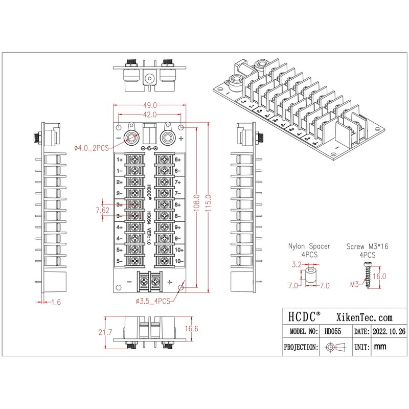 HCDC 20Amp 2x10 Position Barrier Terminal Block Distribution Module for