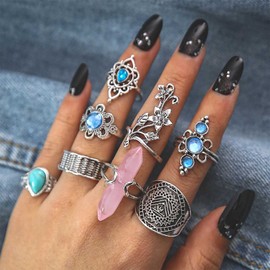 Inateannal Silver Crystal Knuckle Ring Set for Women Vintage Turquoise Geometric Floral Stacking Rings Bohemian Midi Joint Finger Ring Set Jewelry for Teen Girls