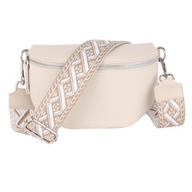 MIRROSI® Women's Bum Bag, Genuine Leather, Made in Italy, Shoulder Bag, Chest Bag, Crossbody Bag (1 Bag & 2 Straps), Beige (chain)