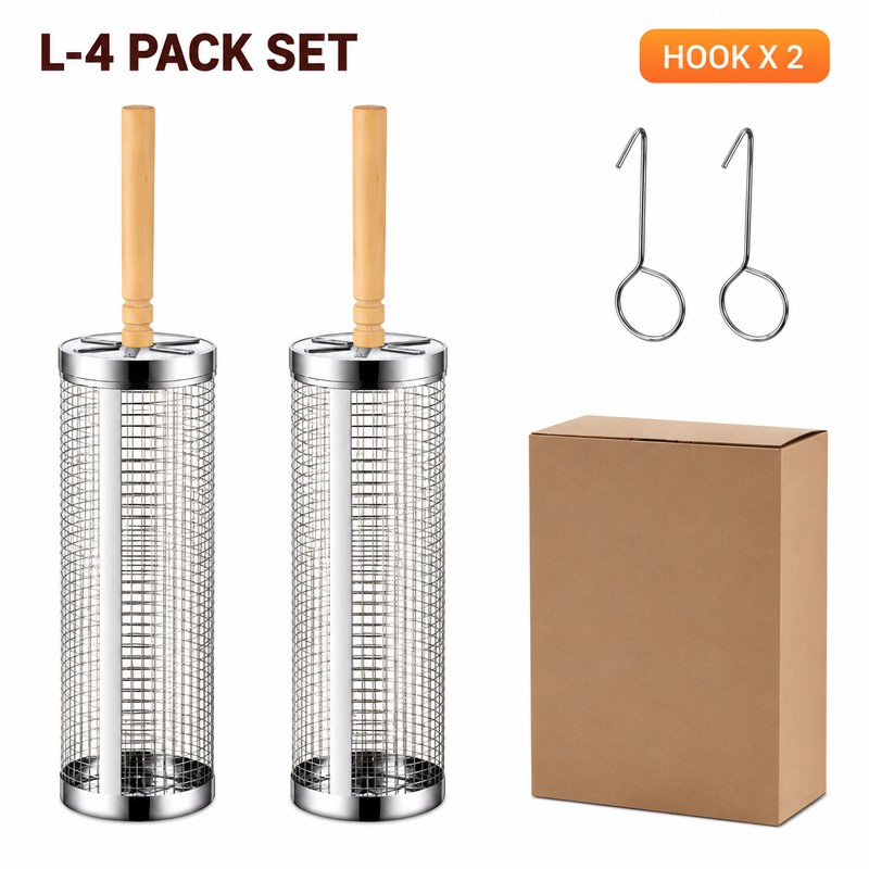4-Pack Stainless Steel Rolling Grill Baskets for BBQ – Wooden