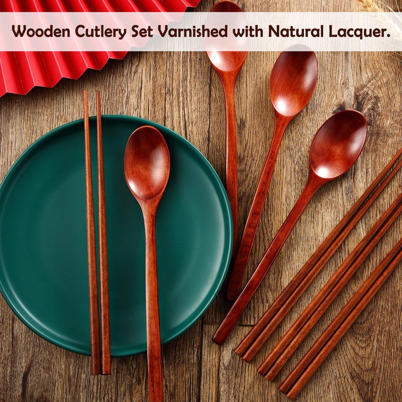 Wooden Spoon and Chopsticks Set Long Handle Spoon Chopstick Flatware
