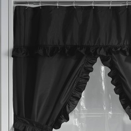Stoneberry Home Ruffled Shower Curtain Set, Elegant 4-Piece Bathroom Ensemble with Attached Valance, Curtain Liner, Hooks, & Tiebacks, Black