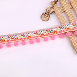 HAOBIN 5.4 Metre Pom Border Trim Ball Fringe Rainbow Pom Fringe Ribbon Pom Garland Colourful Pom Balls Ribbon Sewing Crafts Jumbo Bobble Border DIY Decorative Craft (Pink)