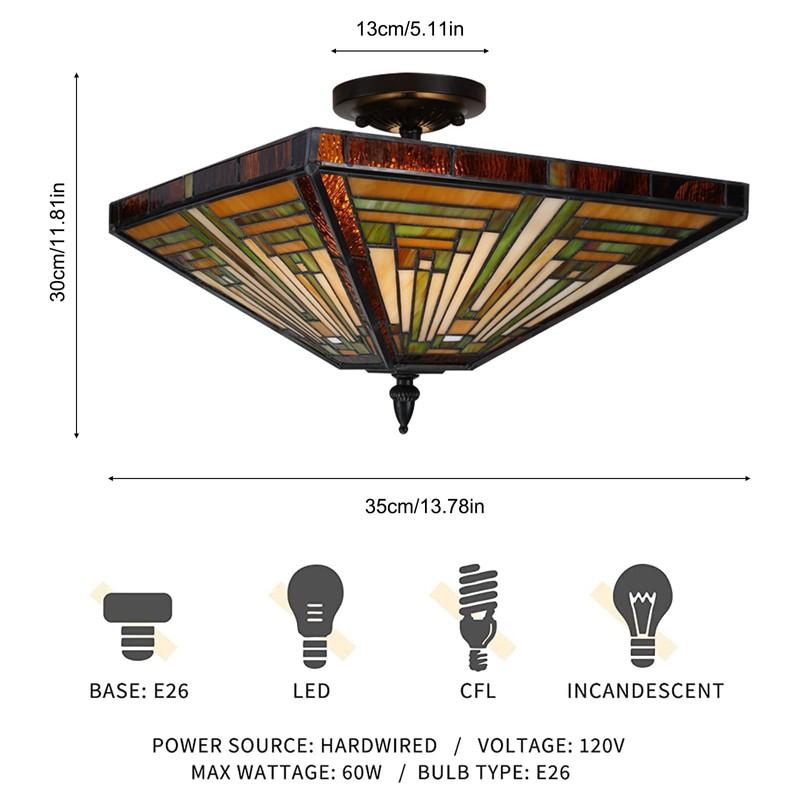 ATOLOMOTOR 14"×12" Stained Glass Bowl Shade Ceiling Light,Tiffany Style Pendant