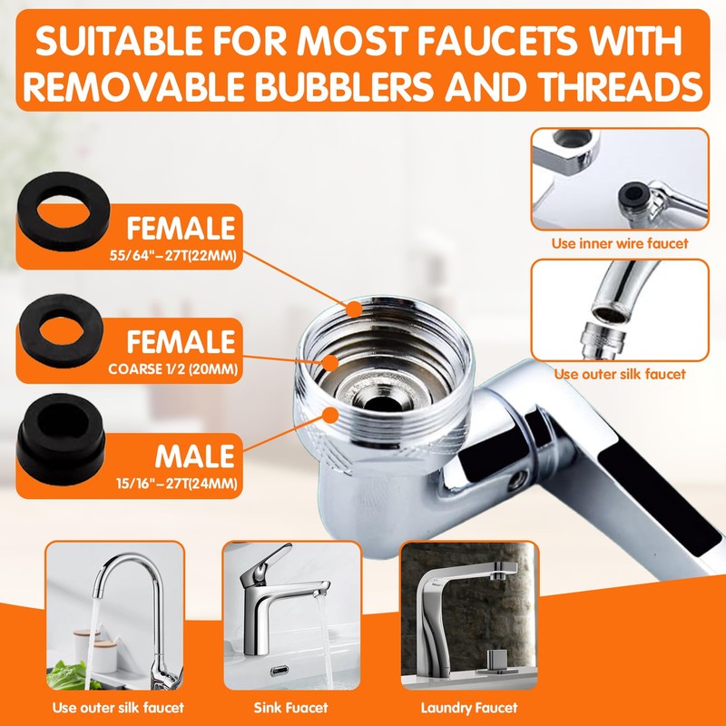 Premium Brass 1440° Swivel Faucet-Extender Sink Aerator,2 Mode Splash Filter