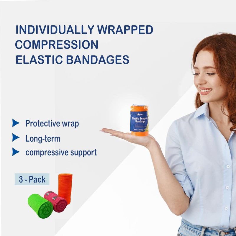 Elastic Bandage Wrap 3-Pack with Closure Clips, Comfortable Compression Support