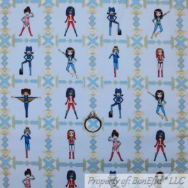 Michael Miller Fabrics BonEful FABRIC FQ Cotton Quilt BLUE White Red Super Hero Girl Cape Outfit Stripe