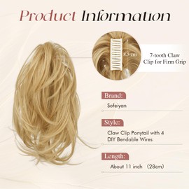 Sofeiyan Claw Clip Short Ponytail Extension DIY Bendable Wires Hair Hun Fluffy Fake Hair Piece Straight Synthetic Hair Ponytail Extensions for Wonen - Golden Blonde with Highlights