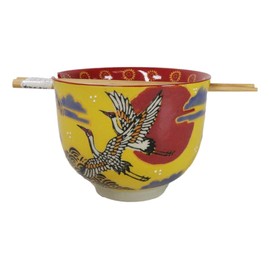 Ebros Gift Artistic Donburi Ramen Udon Noodles Soup Salad 5" D 18Oz Bowl With Bamboo Chopsticks And Built In Rest Set Asian Dining Kitchen Accent (Pair Of Japanese Cranes With Red Moon)