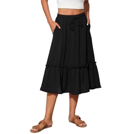 TASAMO Women's Elastic High Waist Flared Skirt with Tiered Hem and Adjustable Drawstring - Lightweight and Breathable for Everyday Wear Black
