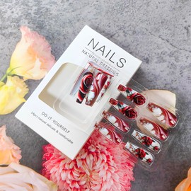 Coffin Press on Nails Long Fake Nails with Designs Glossy Valentines Glue on Nails Black White Static Nails Flower False Nails Gradient Red Nails Press on Acrylic Nails Rose Stick on Nails for Women