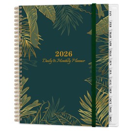 2026 Daily & Monthly Planner Calendar - Full Page a Day, Daily Planner Calendar from Jan 2026 to Dec 2026, Flexible Cover, 7''x10'', Inner Pocket, Green Gold Leaf