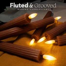 West Ivory 12 Pack, 10" LED Flameless Brown Tan Fluted Ribbed Grooved Taper Candles w/ 2 Remotes & 24h Timer Memory, On/Off Button, Dimmable, Flicker Mode, Battery Operated, Christmas Menorah Wedding