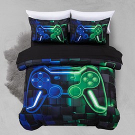 A Nice Night Boys Twin Size 5-Piece Game Console Comforter Set, for Kids Teen 3D Black Background Blue Green Gamepad Gaming Printed Matching Sheet Sets