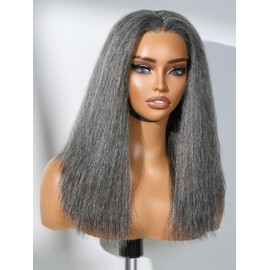 LUVME HAIR 16 Inch Grey Salt & Pepper Silky Straight Wig Human Hair Glueless HD Lace Bob Wig with Mix Grey Color, pre plucked pre cut Lace Ready to Go Wigs For Women