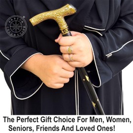 Wooden Walking Stick Cane Golden Brass Handle with Brass Inlay on Black Wooden Shaft - Fashionable Victorian Cane - Stylish Gift Idea for Men and Women